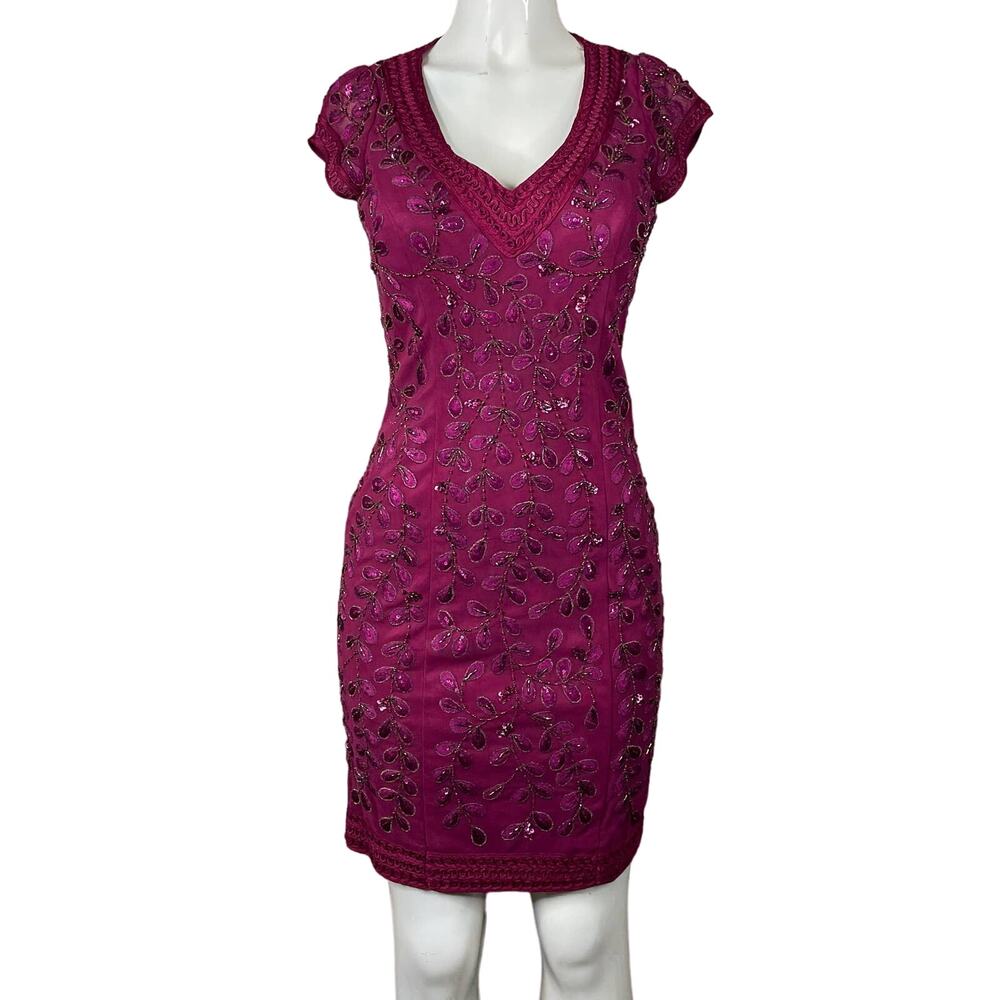 Sue Wong Nocturne Cocktail Dress V-neck Embroidered Beaded Maroon SZ 8
